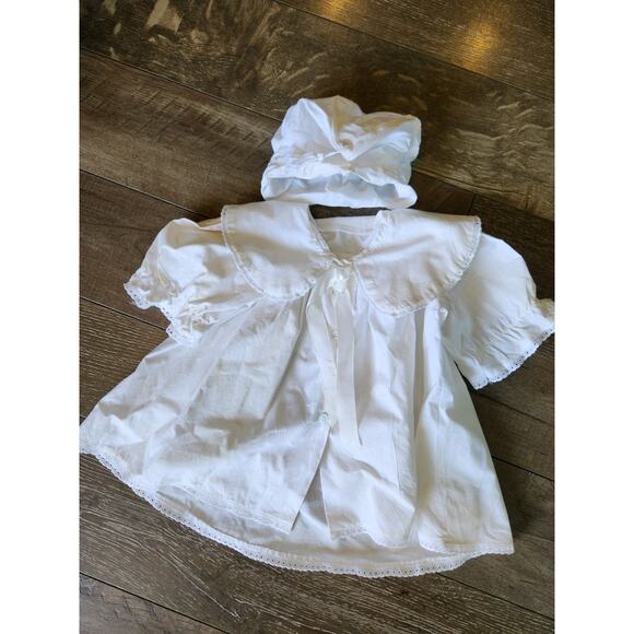 Vtg Baby Christening Dress & Bonnet Baptism Lace Trim Puritan Collar Handmade - Picture 11 of 13